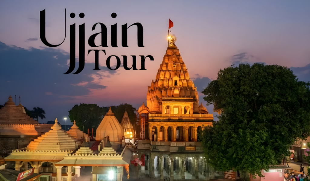 Ujjain Mahakaleshwar Temple at sunset with illuminated temple complex and “Ujjain Tour” text overlay